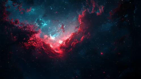 Nebula heart ignites a cosmic forest under silent starlight