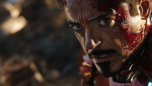 Battle damaged armored hero with intense, focused stare.