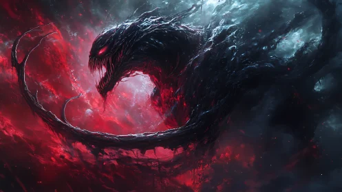 Voidborn shadow serpent erupts through crimson cosmic storm.