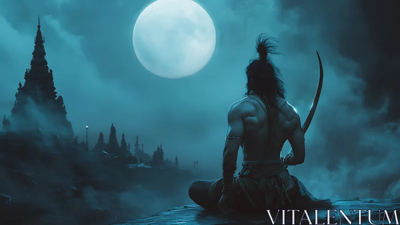 Warrior sits before misty temple under bright full moon