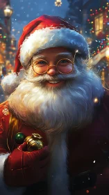 Smiling Santa portrait under glowing Christmas streetlights.