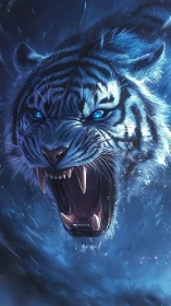 Midnight roar of the frostborn tiger in swirling stormlight.