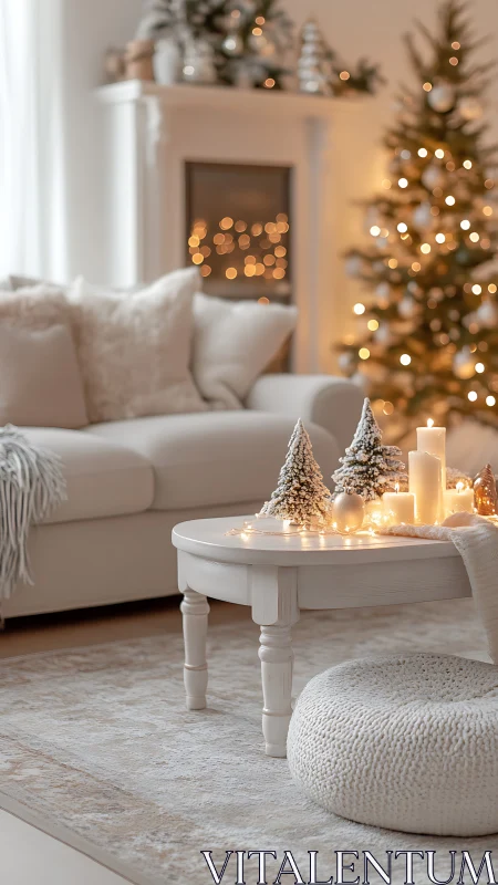Soft winter glow in a cozy, candlelit holiday living room.