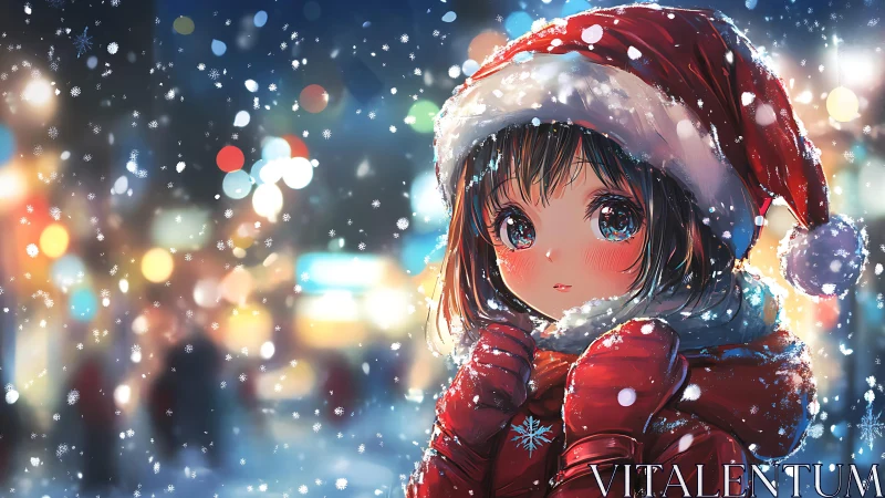 Snowy city night wraps a shy girl in sparkling holiday glow