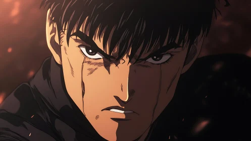 Smoldering warrior close-up under ember-filled shadows.