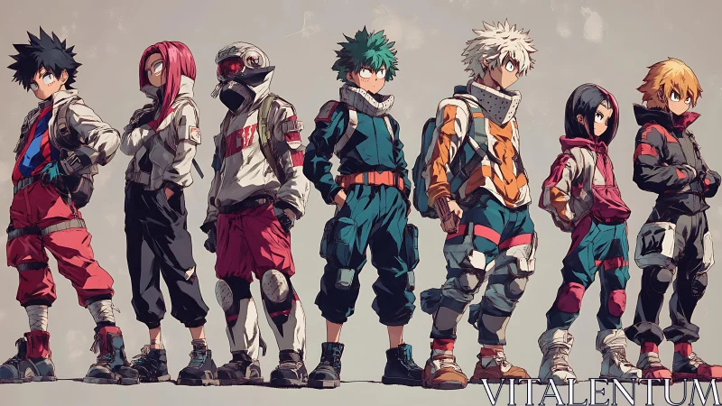 Row of stylized youth characters in tactical streetwear