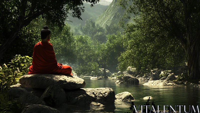 Meditating monk in red robe overlooks tranquil forest river