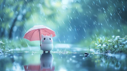 Puddle-walking kitty charm under a sugar-pink umbrella.