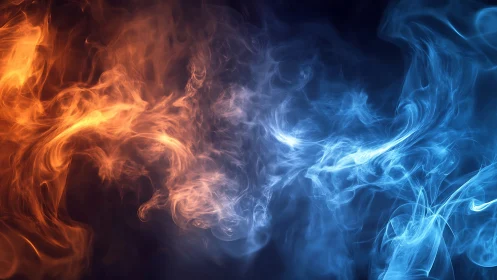 Orange and blue fire smoke collision creates dynamic contrast.