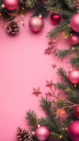 Christmas ornaments and fir branches frame a pink background