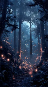 Enchanted Forest Path Illuminated by Floating Luminescent Particles