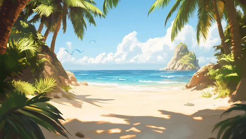 Tropical island cove with palm trees and distant rock formation