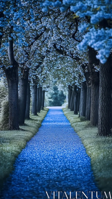 Blue blossom avenue guides a tranquil walk into light