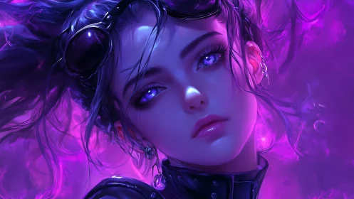 Cyberpunk violet portrait with luminescent eyes and glossed skin.