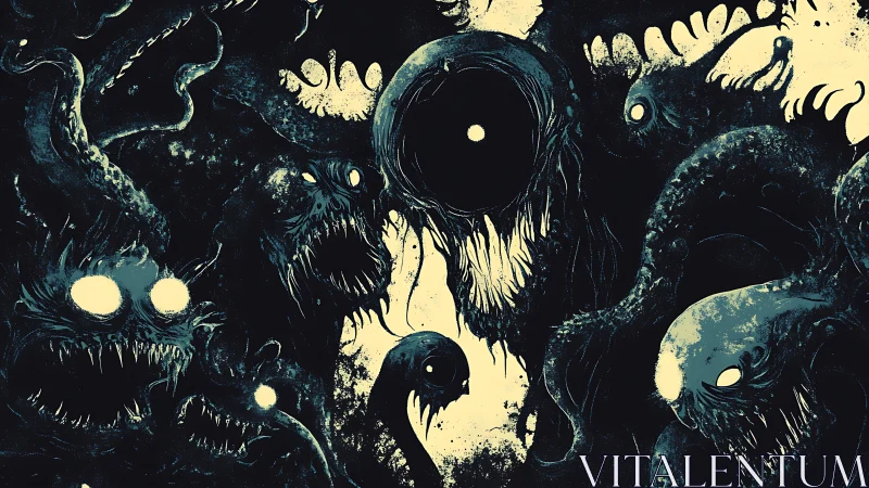 Nightmarish sea creatures swirl around a watchful cosmic eye
