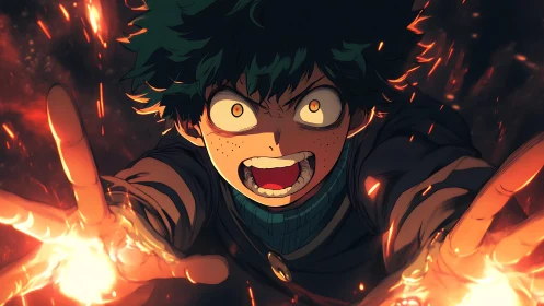 Fiery anime hero unleashes explosive power in a dark blaze