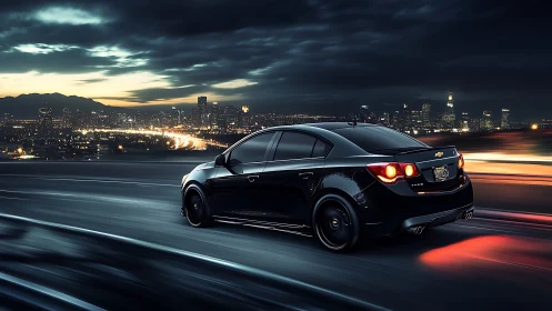 Black sedan drives on city highway at night past skyline