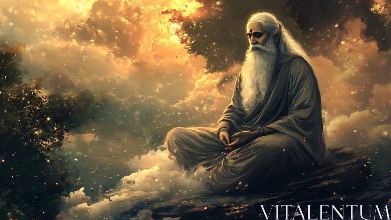 Elderly sage in meditation amid glowing cloudscape.