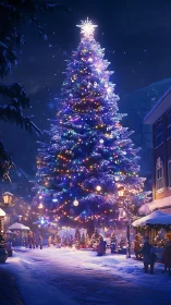 Towering festive Christmas tree over snowy town square.