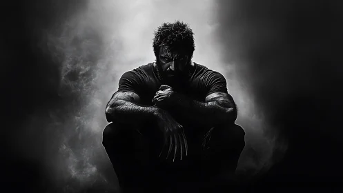 Brooding clawed warrior crouched in stormy monochrome haze.