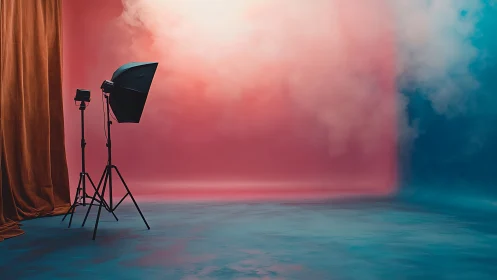 Studio lighting rig frames colorful fogged backdrop stage
