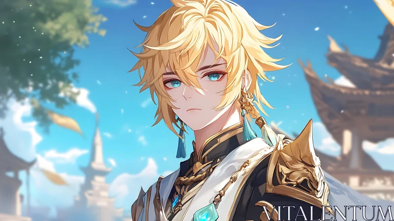 Blond fantasy warrior rendered with ornate armor and soft lighting