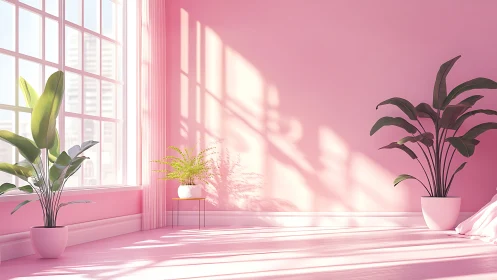 Sunlit pastel interior with potted foliage and planar shadows.