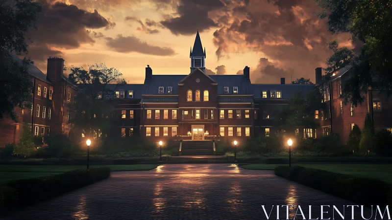 Symmetrical brick campus hall glows under stormy dusk sky