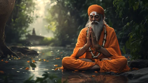 Elderly sage meditates peacefully beside a forest stream.