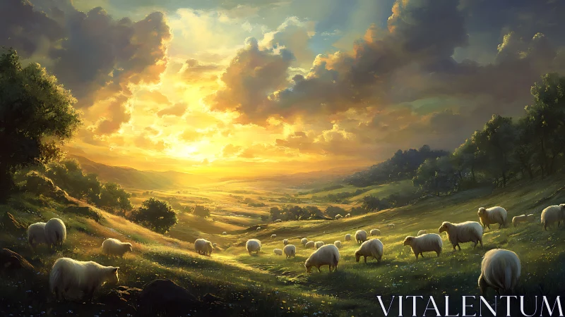 Golden valley sunrise over grazing sheep in lush meadow.