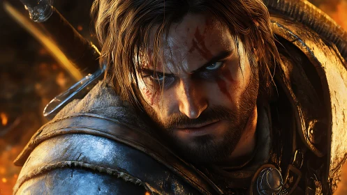 Battle-hardened warrior with sword in blazing conflict