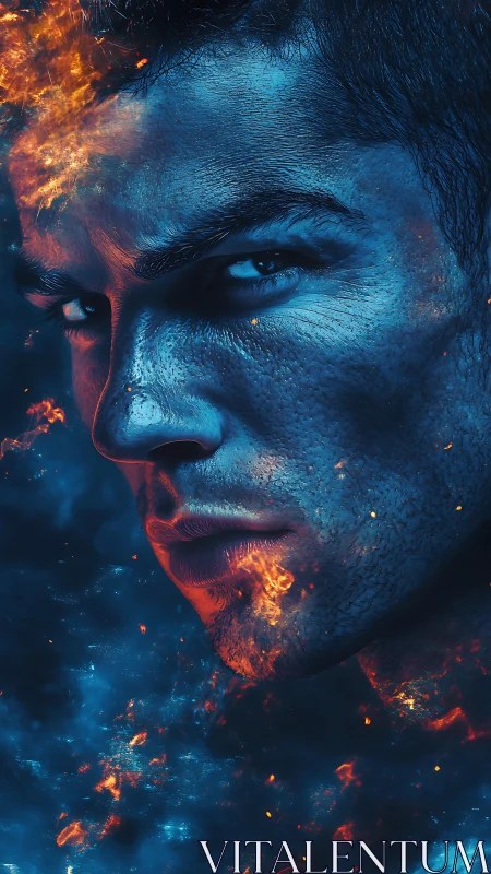 Fiery blue portrait reveals a determined face amid glowing embers