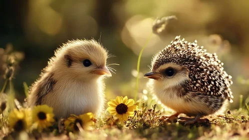 Two adorable baby birds in soft golden sunlight, whimsical style.