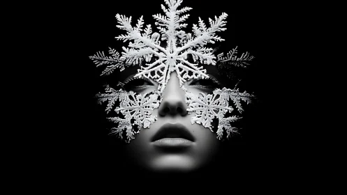 Monochrome female face is partially obscured by snowflakes