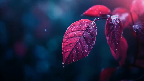 Rain-kissed crimson leaf floats in neon-tinted twilight hush
