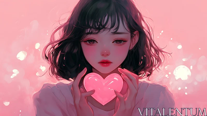 Soft pink anime girl holding glowing heart symbol of love.