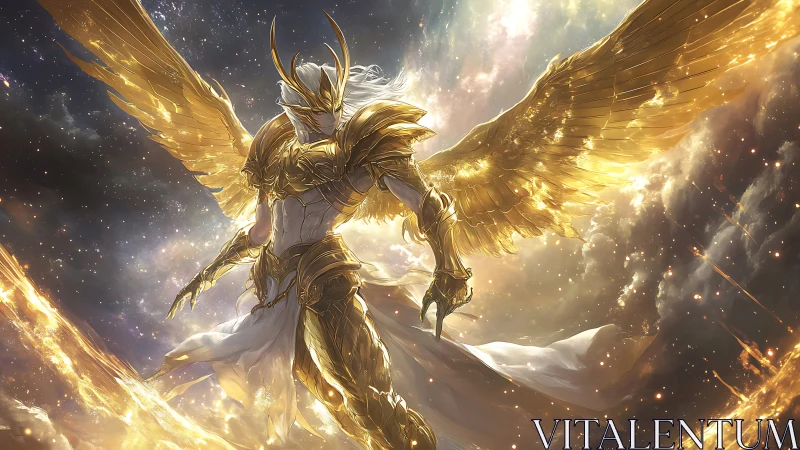 Armored winged figure stands in luminous celestial atmosphere