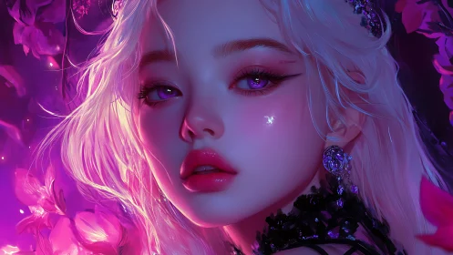 Iridescent violet portrait of blonde woman in neon florals