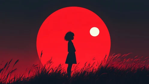 Silhouette of girl before giant red sun in tall grass.