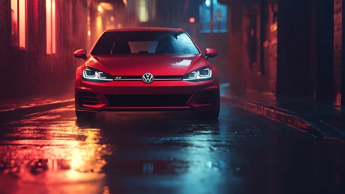 Rainy night red Volkswagen glows calmly in neon reflections