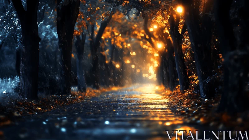 Cinematic rainy alley with bokeh streetlights and cool-warm contrast.