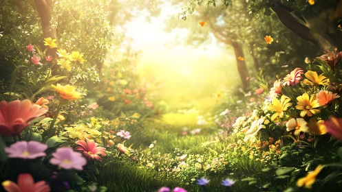 Sunlit blossom passage into a softly glowing secret garden.