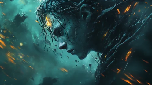 Bioluminescent ember-forged sentinel dissolving in abyssal storm