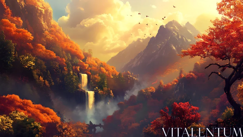 Autumn alpine valley with twin waterfalls and sunlit peaks
