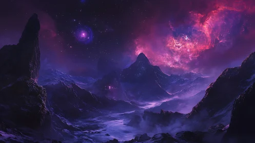 Nebula-crowned alien peaks under ultraviolet cosmic tide.