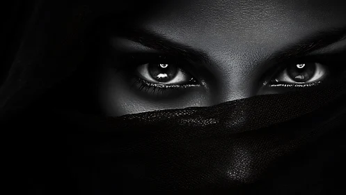 Shrouded eyes gaze through dark veil in sharp monochrome portrait