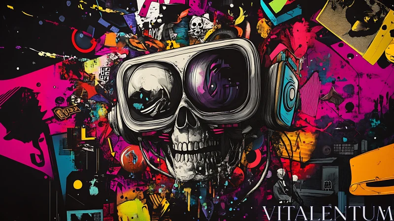 Neon skull DJ remixes chaos through oversized glitch goggles