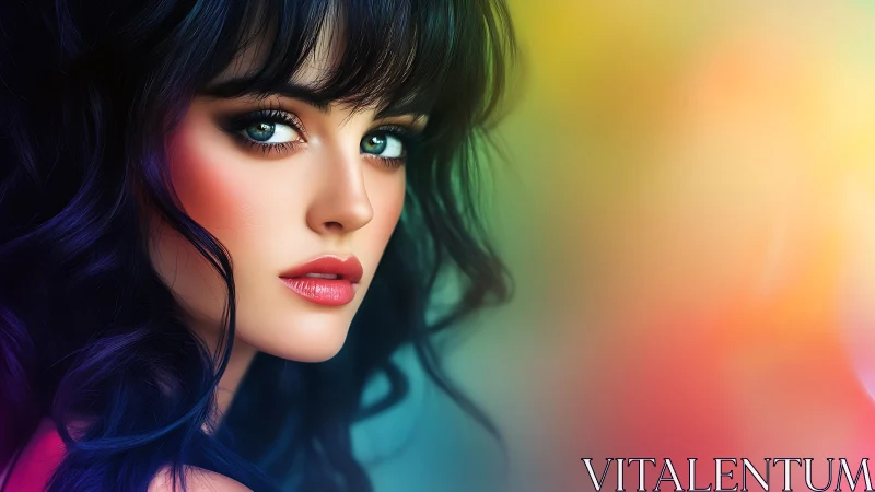 Portrait showcases vivid neon hair against soft bokeh glow.