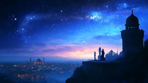 Starlit desert cityscape under sweeping galactic arch.