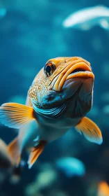 Close underwater view of single orange fish in blue water.